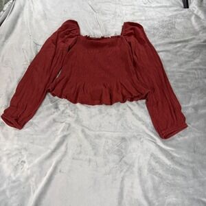 London Rose Smocked Square Neck Burgundy Long Sleeve Flutter Crop‎ Top Blouse MD